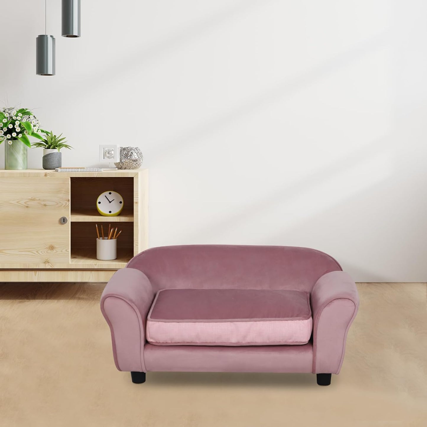 Small Dog Sofa Bed, Velvet Cat Couch with Washable Cushion & Plastic Legs (29 X 16 X 12.7 Inches (Pink)