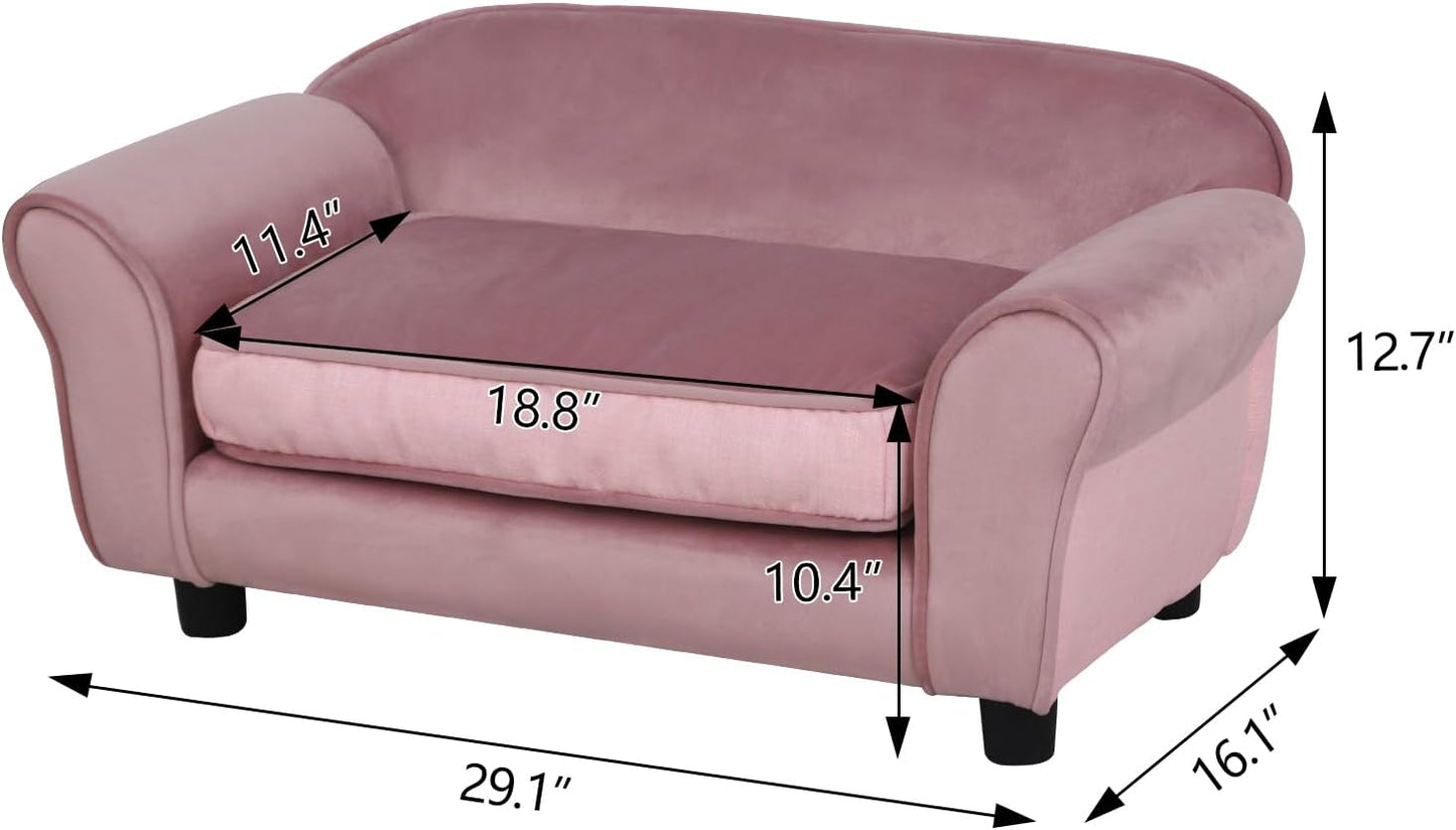 Small Dog Sofa Bed, Velvet Cat Couch with Washable Cushion & Plastic Legs (29 X 16 X 12.7 Inches (Pink)