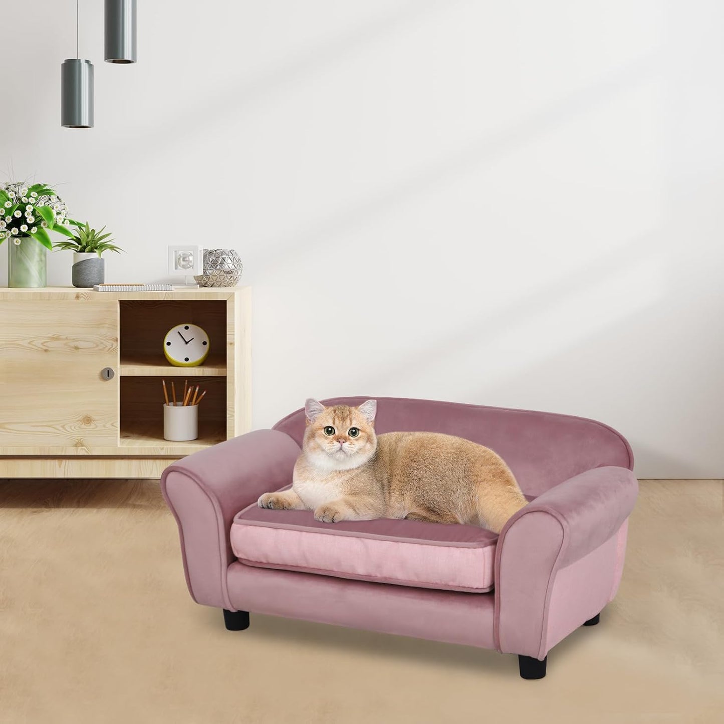 Small Dog Sofa Bed, Velvet Cat Couch with Washable Cushion & Plastic Legs (29 X 16 X 12.7 Inches (Pink)