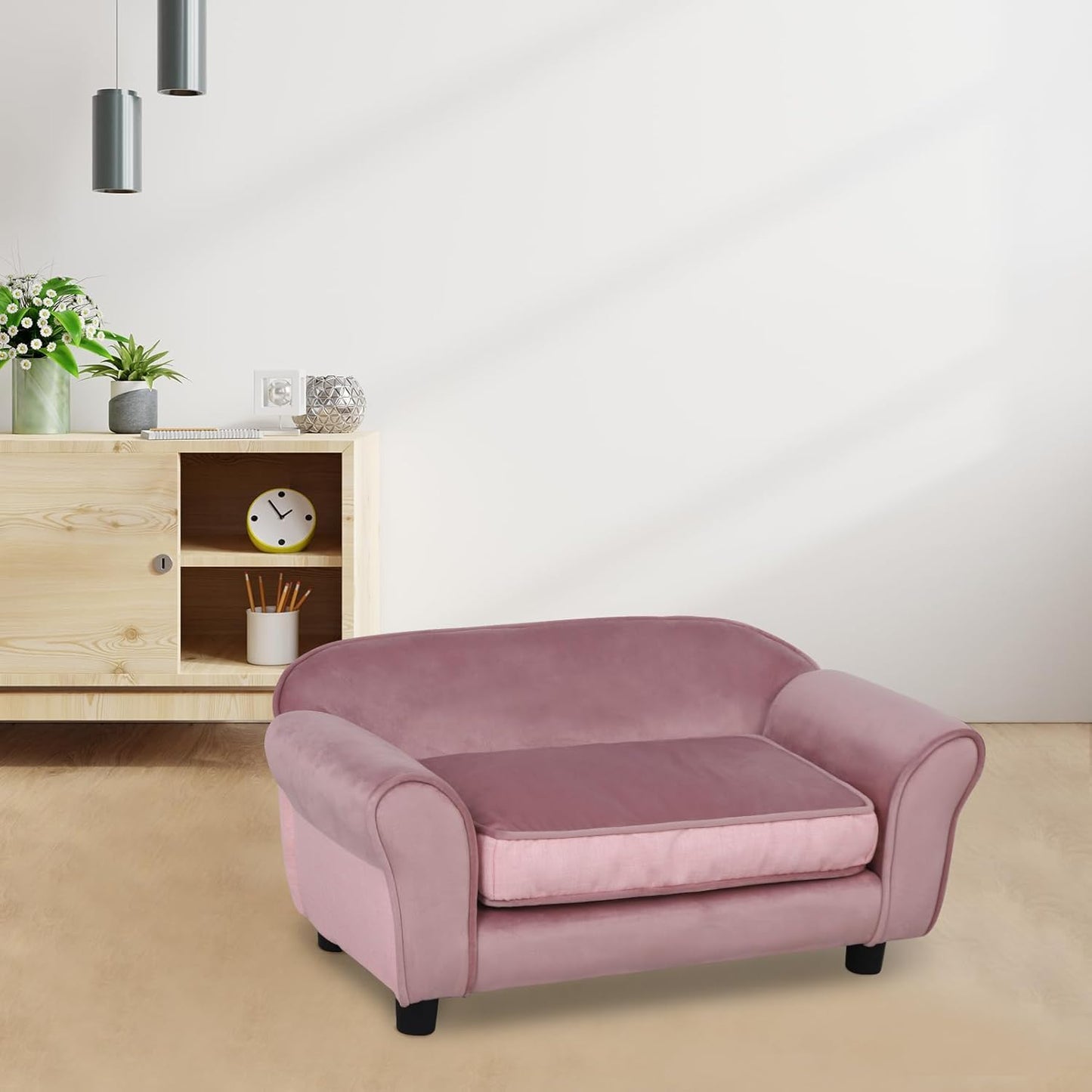 Small Dog Sofa Bed, Velvet Cat Couch with Washable Cushion & Plastic Legs (29 X 16 X 12.7 Inches (Pink)
