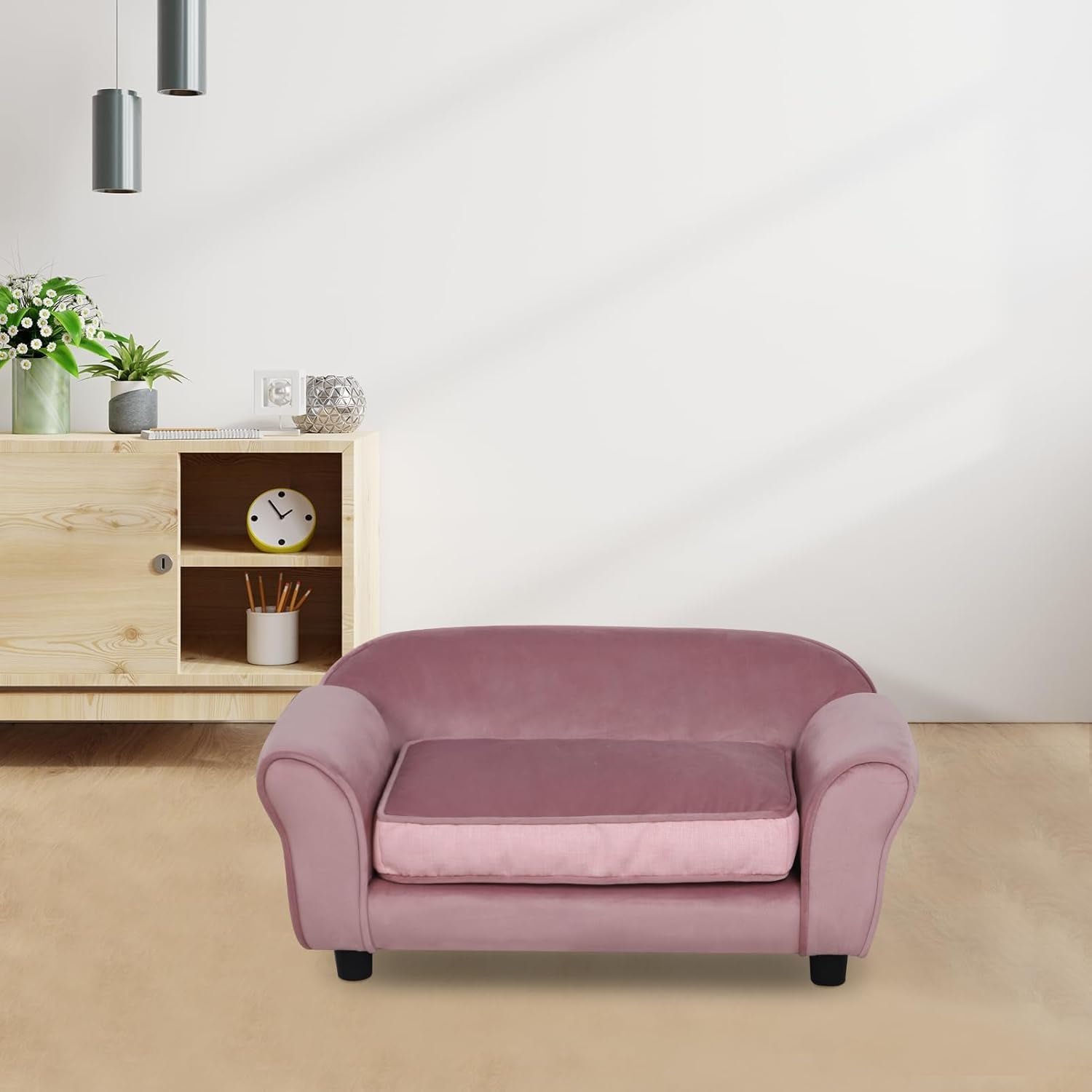 Small Dog Sofa Bed, Velvet Cat Couch with Washable Cushion & Plastic Legs (29 X 16 X 12.7 Inches (Pink)