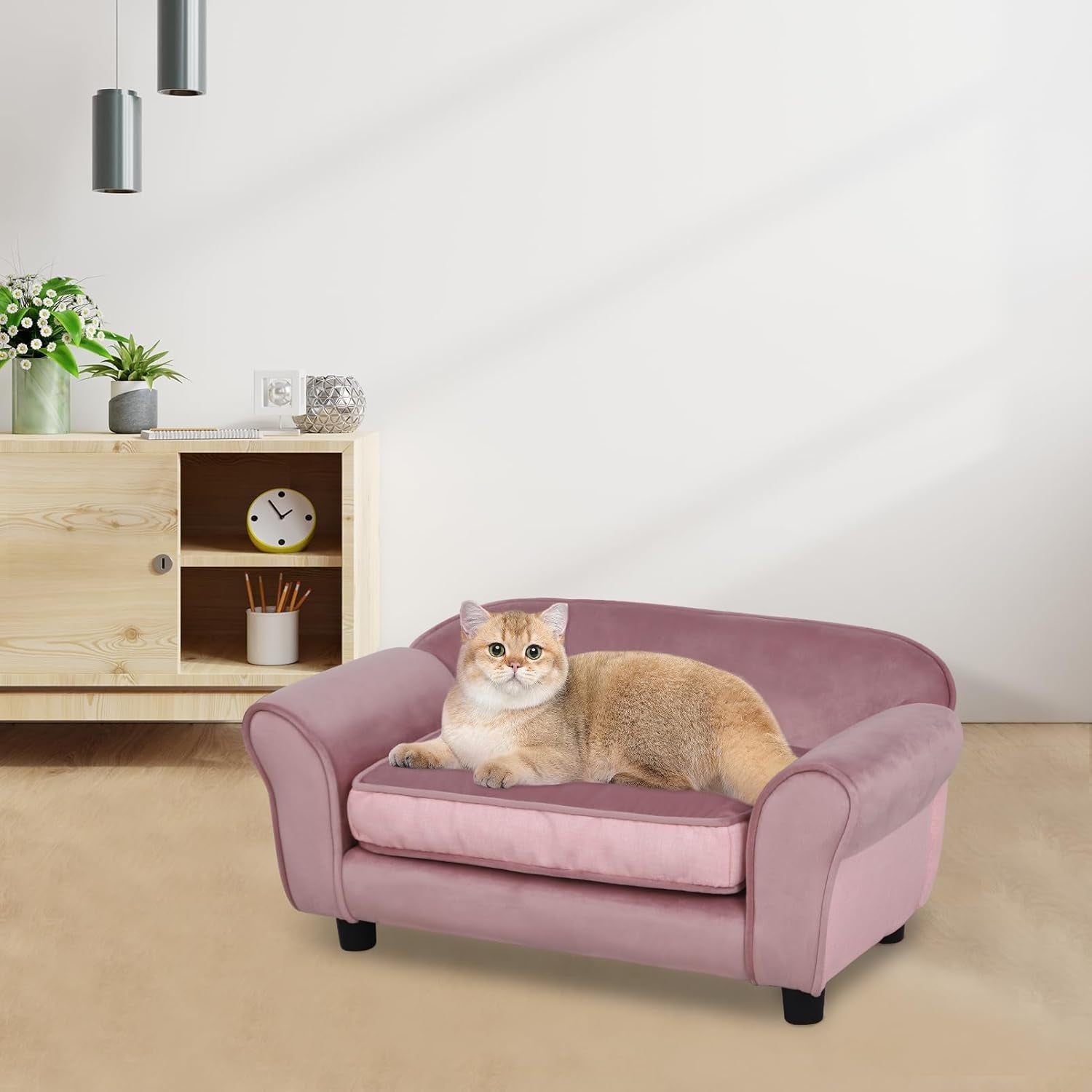 Small Dog Sofa Bed, Velvet Cat Couch with Washable Cushion & Plastic Legs (29 X 16 X 12.7 Inches (Pink)
