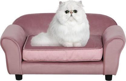 Small Dog Sofa Bed, Velvet Cat Couch with Washable Cushion & Plastic Legs (29 X 16 X 12.7 Inches (Pink)